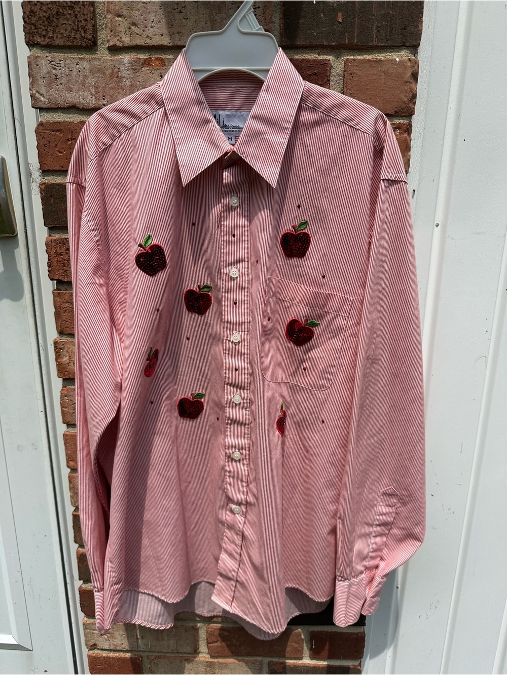 MiLi Designs Woman’s M Red Stripe Apples Sequence Appliqué Button Up Long Sleeve